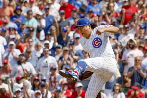 カージナルス戦の７回、ドノバンを空振り三振に仕留め雄たけびを上げるカブス・今永＝シカゴ（共同）