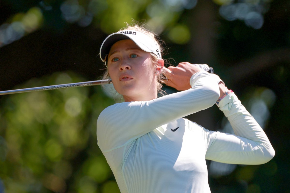 Nelly Korda of Bradenton, Florida hits from the 4th tee during the second round of the Meijer LPGA Classic for Simply Give golf tournament at Blythefield Country Club in Belmont, MI, USA Friday, June 14, 2024. (Photo by Amy Lemus/NurPhoto)、クレジット：Ａｍｙ　Ｌｅｍｕｓ／ＮｕｒＰｈｏｔｏ／共同通信イメージズ