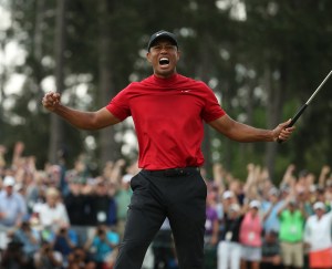 April 14, 2019, Augusta, GA, USA: Tiger Woods celebrates after winning the Masters during the final round on April 14, 2019, at Augusta National Golf Club in Augusta, Ga. (Credit Image: © TNS via ZUMA Wire)、クレジット：©ＴＮＳ　ｖｉａ　ＺＵＭＡ　Ｗｉｒｅ／共同通信イメージズ