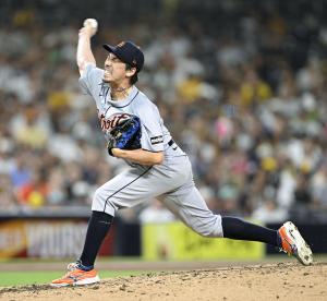 パドレス戦の６回途中から２番手で登板したタイガース・前田。１回⅔を無安打無失点だった＝サンディエゴ（ＵＳＡトゥデー・ロイター＝共同）