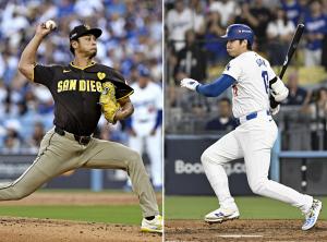 第２戦で対戦したパドレスのダルビッシュ（左）とドジャースの大谷。ダルビッシュは大谷を３打席無安打に抑え、勝利投手になった＝ロサンゼルス（共同）