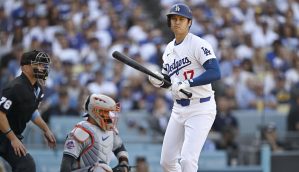 メッツ戦の７回、四球を選んだドジャース・大谷＝ロサンゼルス（共同）