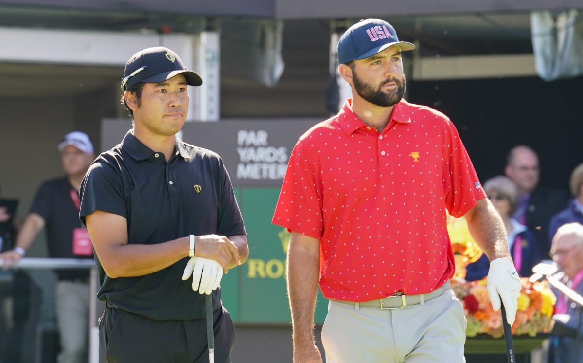 「ＺＵＭＡ　Ｐｒｅｓｓ」 September 29, 2024, Montreal, Quebec, Canada: Hideki Matsuyama (JPN)(L) and Scottie Scheffler (USA) wait on the first tee during the final round of the 2024 Presidents Cup at The Royal Montreal Golf Club. (Credit Image: c Debby Wong/ZUMA Press Wire)、クレジット：cＤｅｂｂｙ　Ｗｏｎｇ／ＺＵＭＡ　Ｐｒｅｓｓ　Ｗｉｒｅ／共同通信イメージズ