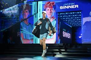 Jannik Sinner (ITA) during his first match at the 2024 Nitto ATP Finals in Torino, Italy, on November 10, 2024. Photo by Corinne Dubreuil/ABACAPRESS.COM、クレジット：Ｄｕｂｒｅｕｉｌ　Ｃｏｒｉｎｎｅ／ＡＢＡＣＡ／共同通信イメージズ 「ＡＢＡＣＡＰＲＥＳＳ．ＣＯＭ」