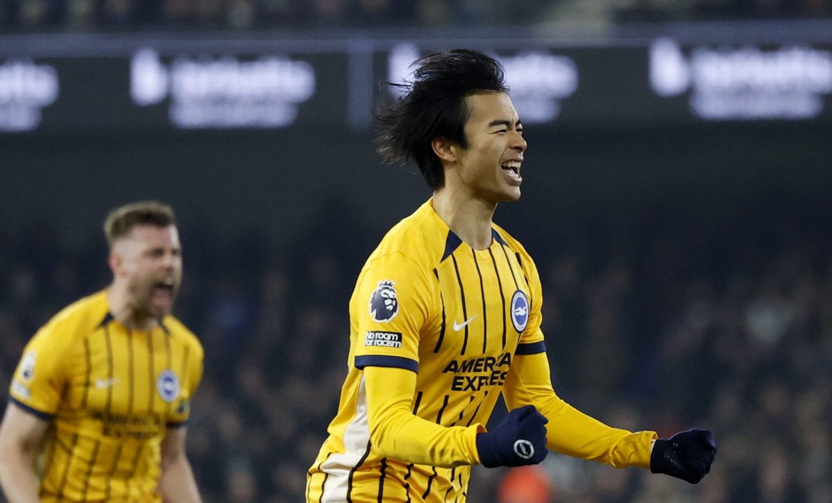 イプスウィッチ戦で先制ゴールを決め喜ブライトンの三笘＝イプスウィッチ（ロイター＝共同）