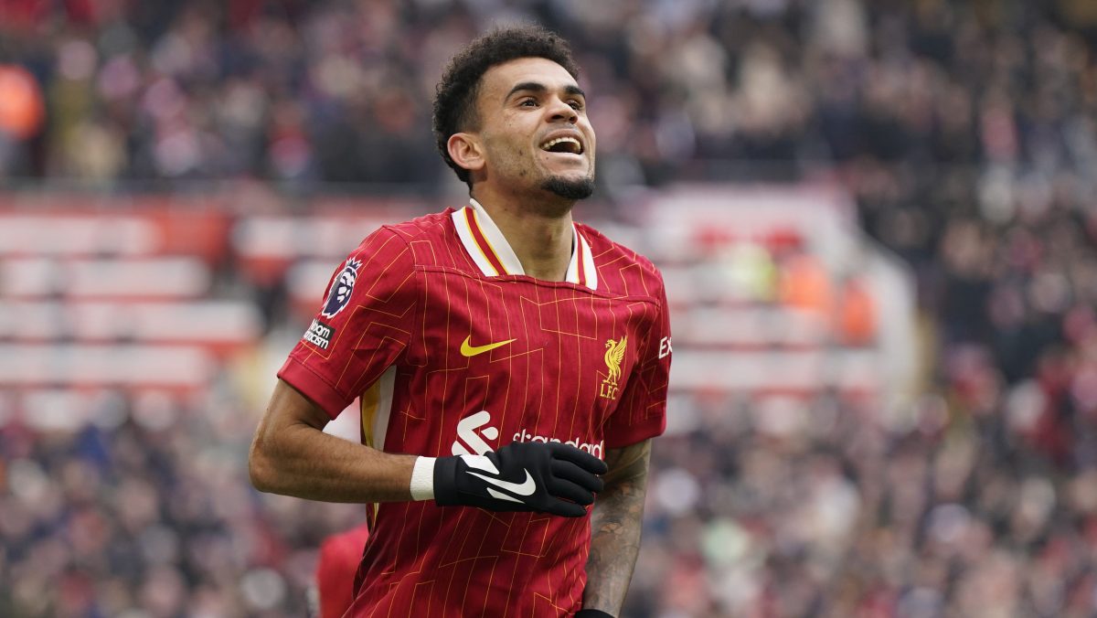 Liverpool v Wolverhampton Wanderers - Premier League - Anfield February 16, 2025, Liverpool: Liverpool, England, 16th February 2025. Luis Diaz of Liverpool celebrates scoring the first goal during the Liverpool v Wolverhampton Wanderers Premier League match at Anfield, Liverpool. (Credit Image: © Andrew Yates/CSM via ZUMA Press Wire)、クレジット：©Ａｎｄｒｅｗ　Ｙａｔｅｓ／ＣＳＭ　ｖｉａ　ＺＵＭＡ　Ｐｒｅｓｓ　Ｗｉｒｅ／共同通信イメージズ　※United Kingdom Rights OUT 「ＺＵＭＡ　Ｐｒｅｓｓ」

