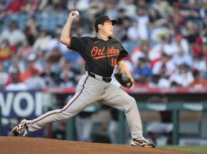 エンゼルス戦に先発し、８回途中１失点で４勝目を挙げたオリオールズ・菅野＝アナハイム（イマジンイメージズ・ロイター＝共同）