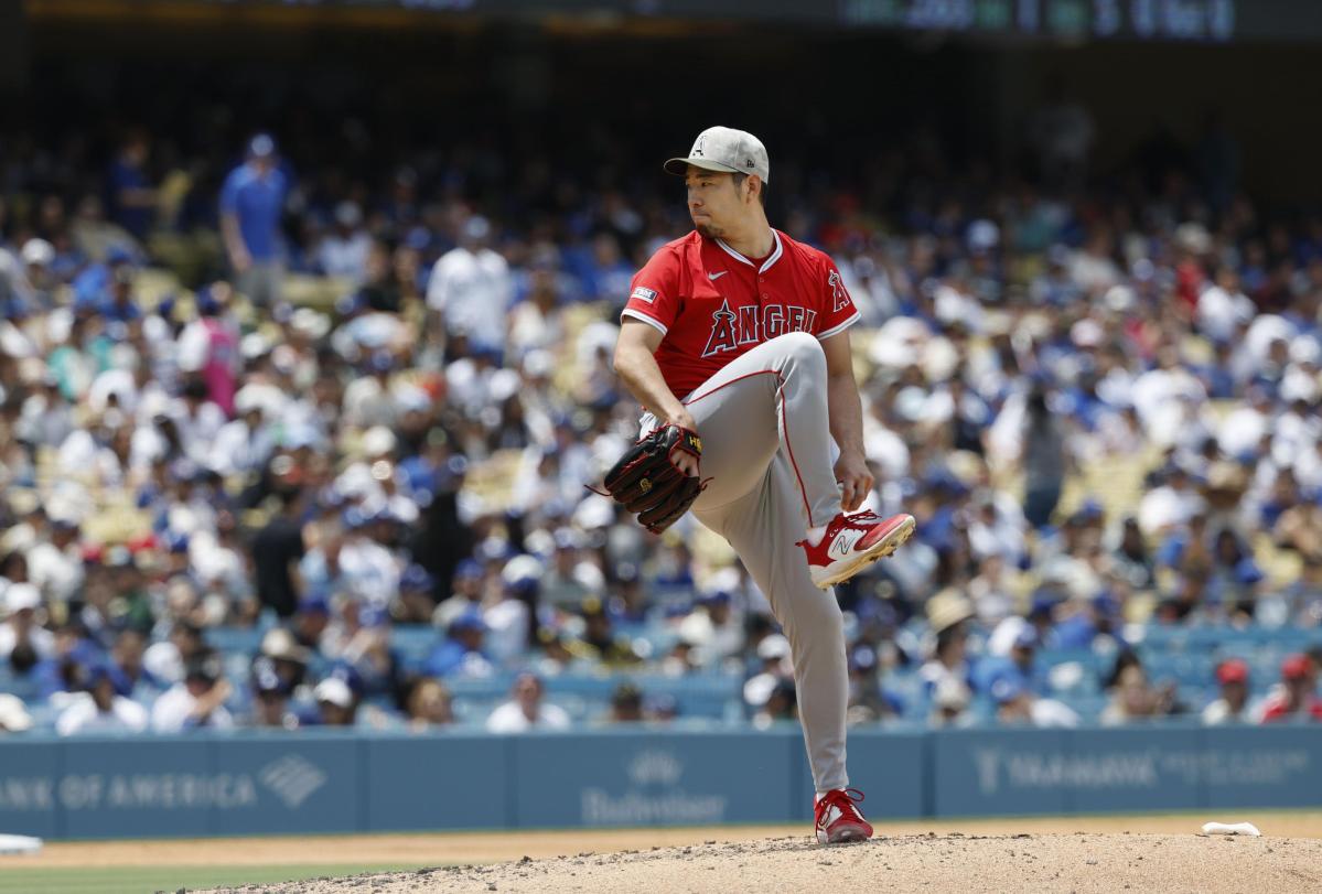 ドジャース戦に先発したエンゼルス・菊池。５回⅔を投げ３安打１失点で勝敗は付かなかった＝ロサンゼルス（共同）