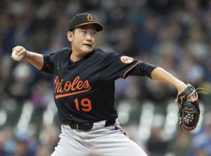 ブルワーズ戦に先発したオリオールズ・菅野。６回２失点で勝敗は付かなかった＝ミルウォーキー（ゲッティ＝共同）
