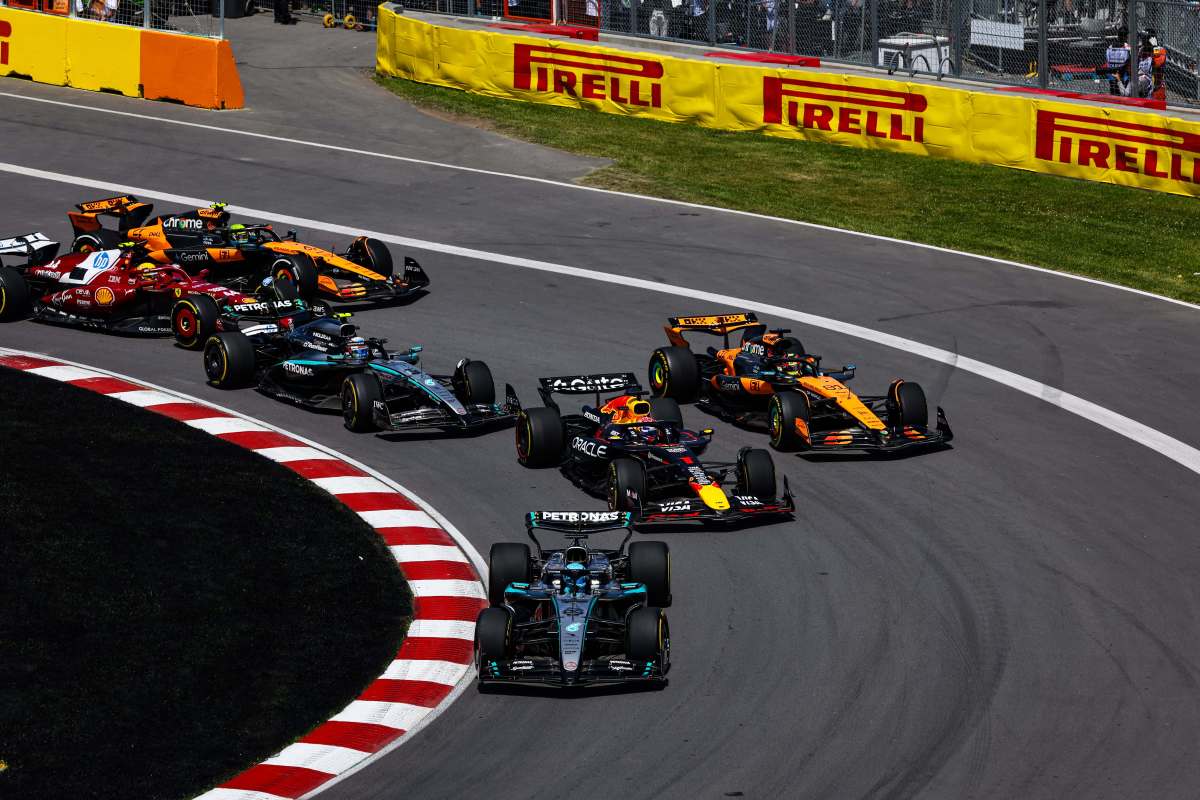 June 15, 2025, Montr, Canada: 63 RUSSELL George (gbr), Mercedes AMG F1 Team W16, action, 01 VERSTAPPEN Max (nld), Red Bull Racing RB21, action, 81 PIASTRI Oscar (aus), McLaren F1 Team MCL39, action, 12 KIMI ANTONELLI Andrea (ita), Mercedes AMG F1 Team W16, action during the 4th round of the 2025 F1 Academy Championship from June 14 to 16, 2025 on the Circuit Gilles Villeneuve, in Montreal, Canada  (Credit Image: c Florent Gooden/PsnewZ via ZUMA Press)、クレジット：cＦｌｏｒｅｎｔ　Ｇｏｏｄｅｎ／ＰｓｎｅｗＺ　ｖｉａ　ＺＵＭＡ　Ｐｒｅｓｓ／共同通信イメージズ