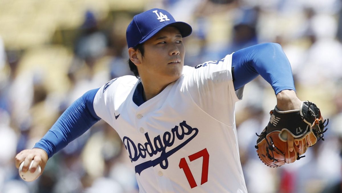 投球する大谷 米大リーグ・大谷 　ナショナルズ戦に１番・投手兼指名打者で先発し、投球するドジャース・大谷＝ロサンゼルス（共同）