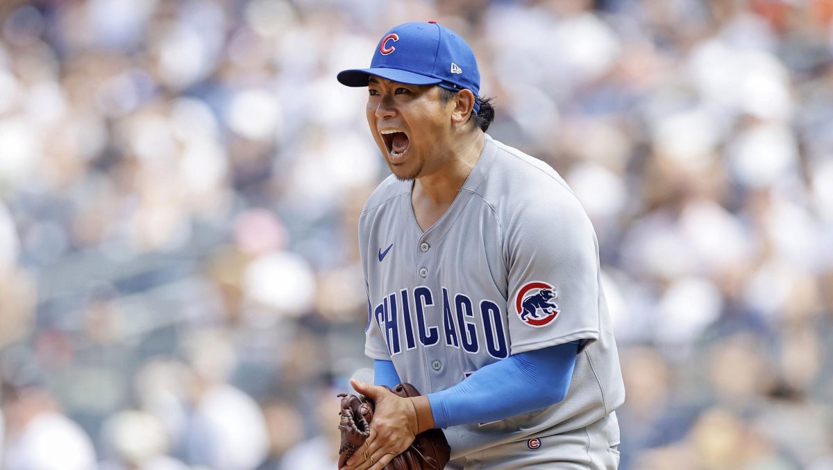 ヤンキース戦の７回、三者凡退に抑え声を上げるカブス・今永＝ニューヨーク（ゲッティ＝共同）