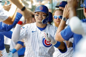 レッズ戦の６回、２７号ソロを放ち、ベンチで迎えられるカブス・鈴木＝シカゴ（共同）