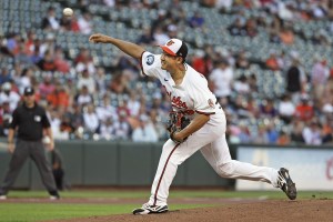 レッドソックス戦に先発したオリオールズ・菅野＝ボルティモア（イマジンイメージズ・ロイター＝共同）