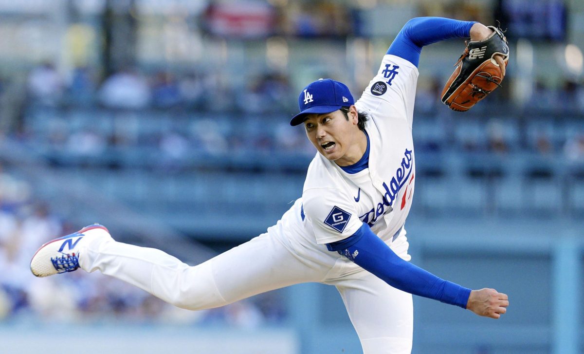 米大リーグのレッズ戦に先発し、５回１失点、９奪三振と好投したドジャース・大谷翔平。エンゼルスに所属した２０２３年８月以来、２年ぶりとなる勝ち星を挙げた＝２７日、ロサンゼルス（共同）