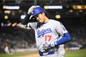 パイレーツ戦の８回、二飛に倒れたドジャース・大谷＝ピッツバーグ（共同）