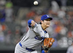 オリオールズ戦に先発登板したドジャース・大谷。３回⅔を無失点で勝敗は付かなかった＝ボルティモア（共同）