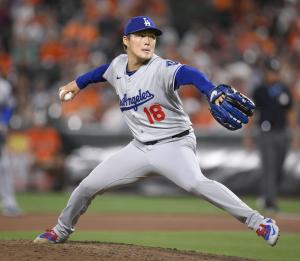 オリオールズ戦に先発したドジャース・山本。無安打無得点試合まであと１人の場面で本塁打を浴び、勝敗は付かなかった＝ボルティモア（共同）