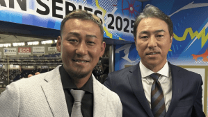中田翔、始球式後のまさかの一言に反響　白スーツ姿も話題に「最高でした」「こちらもニッコリ」