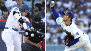 米大リーグ、ダイヤモンドバックス戦に先発して６回を投げ、昨季に続いて開幕戦で勝利投手になったドジャース・山本由伸。大谷翔平は１回に今季初安打を放った＝２６日、ロサンゼルス（共同）
