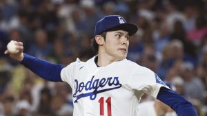 ブルワーズ戦に先発したドジャース・佐々木朗。６回２失点で勝敗は付かなかった＝ロサンゼルス（共同）
